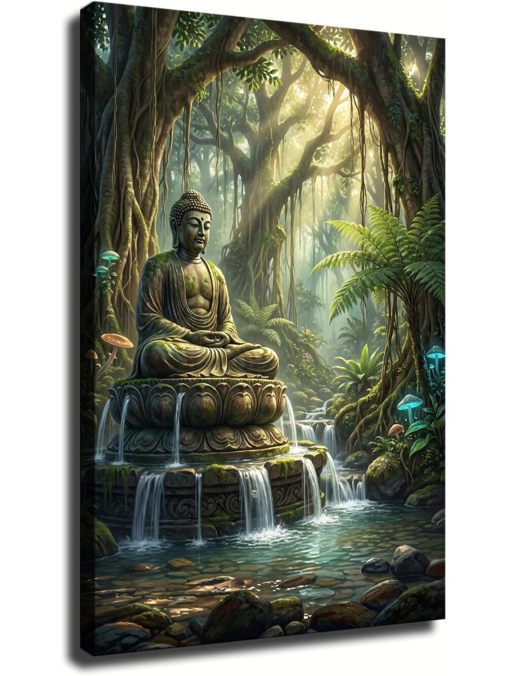Zen Forest Waterfall Buddha Wall Art - Wrapped Canvas 24x36 Inch Home Decor